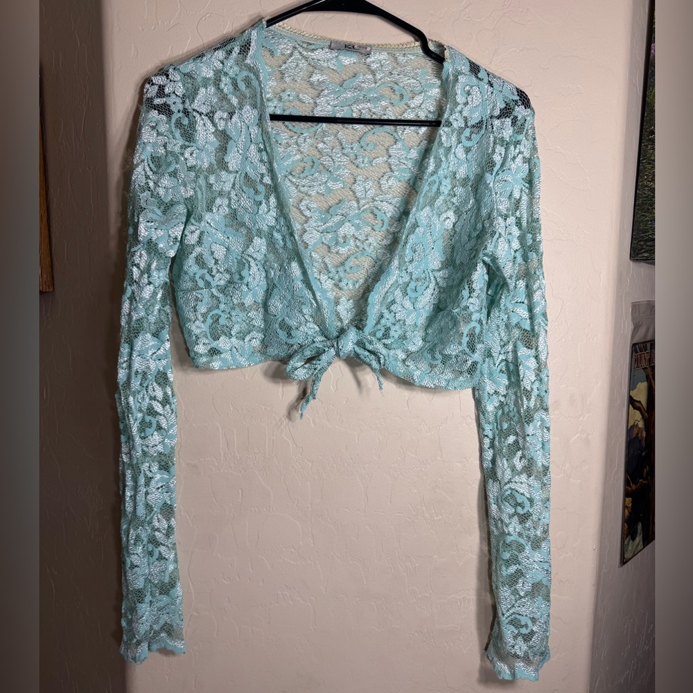 KC Vintage Y2K Sheer Lace Crop Top Tie Front Long Sleeve Fairycore Boho Blouse